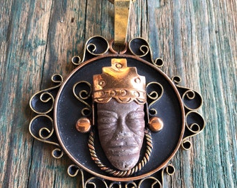 Mexican copper and brass chain necklace with Jasper stone face pendant