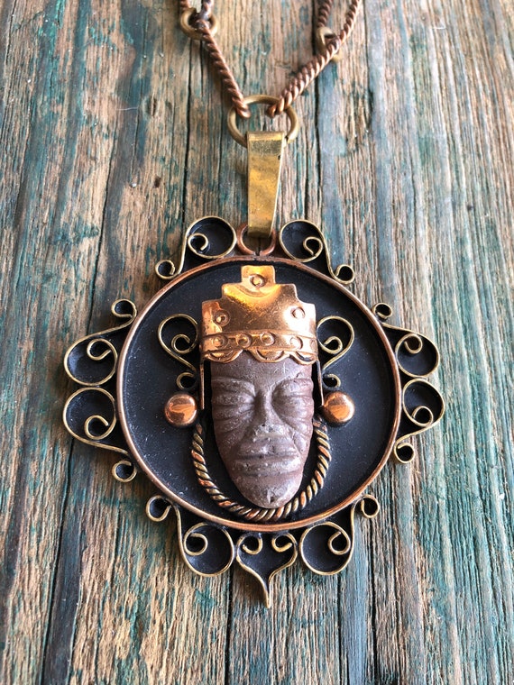 Mexican Copper and Brass Chain Necklace With Jasper Stone Mexican Copper and Brass Chain Necklace With Jasper Stone