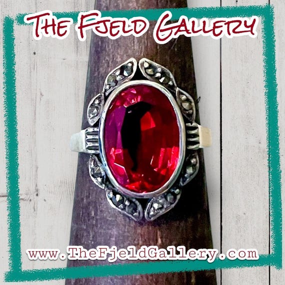 Ruby & Marcasite Sterling Silver Ring - image 1