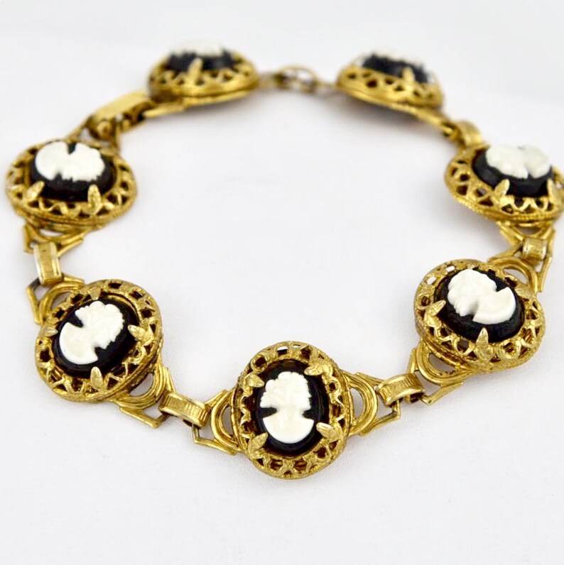 Victorian Vermille Mourning Cameo Black /& White Molded Glass in Sterling Link Bracelet