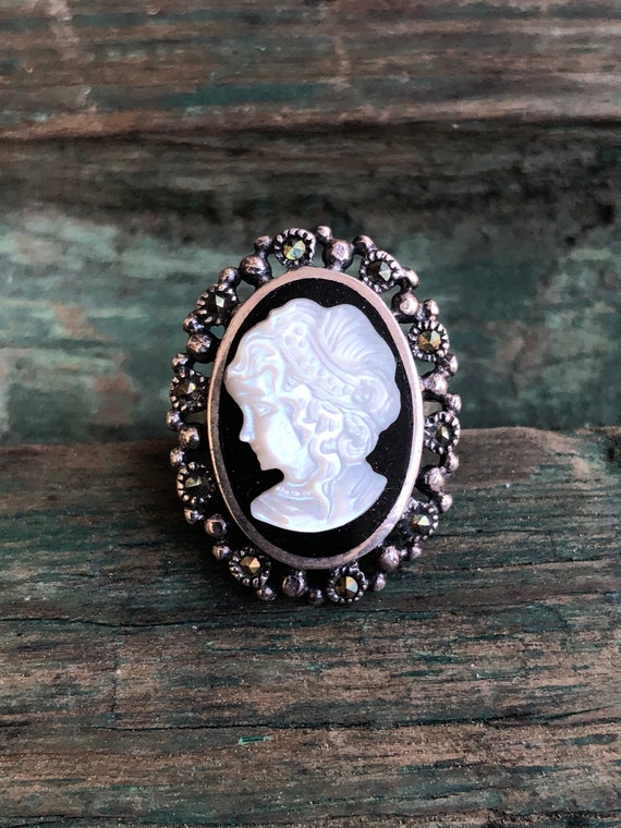 Vintage Mother of Pearl Carved Cameo With Onyx Marcasite