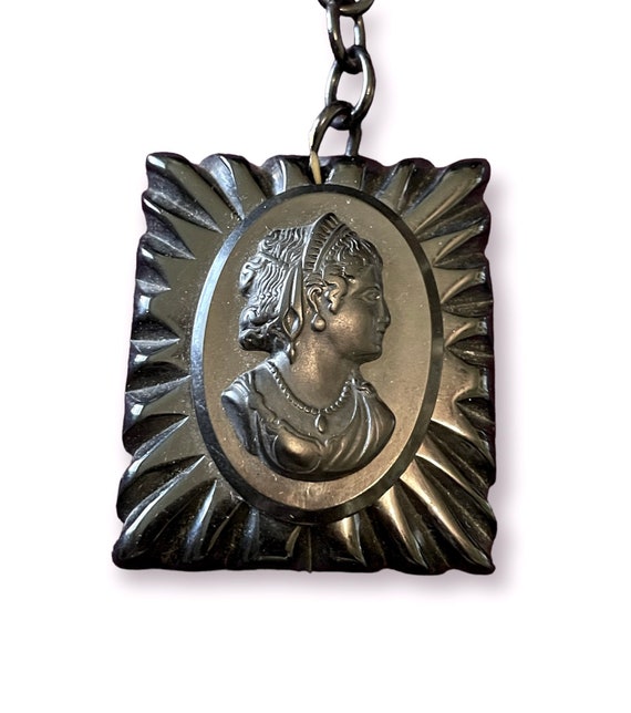 Antique Black Celluloid Mourning Cameo Necklace o… - image 4
