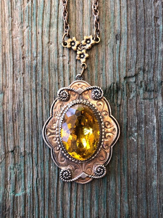 Antique Art Nouveau Gilded Brass & Czech Citrine … - image 2