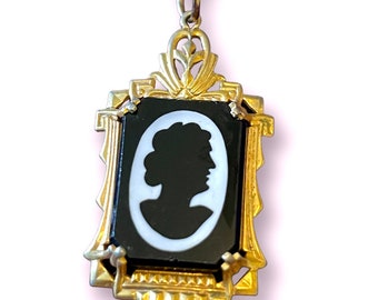 Black & White Glass Shadow Box Silhouette Portrait Cameo Necklace in Gold Art Deco Style Setting