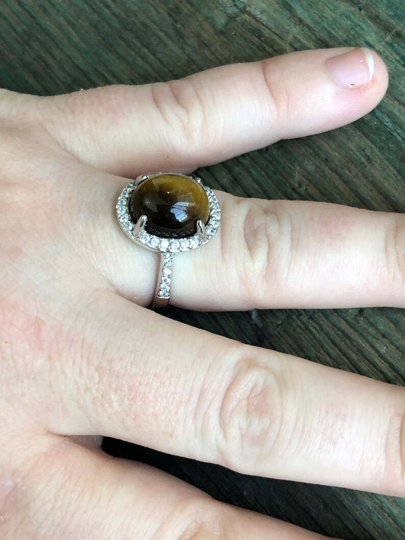 Unique Vintage Tigers Eye Gemstone Surrounded with Prong Set Zircon Sterling Silver Ring