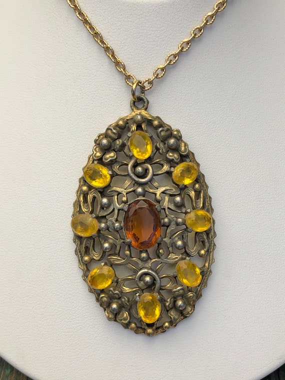 Art Nouveau Brass Citrine Yellow and Orange Cryst… - image 5