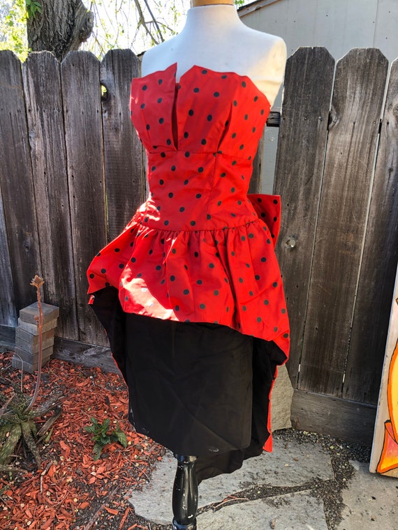 Vintage 1980s Red & Black Polka dot strapless high