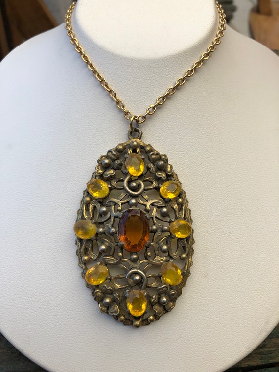 Art Nouveau Brass Citrine Yellow and Orange Cryst… - image 3