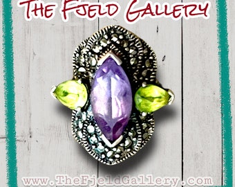 Amethyst, Peridot & Marcasite Sterling Silver Art Deco Vintage Ring