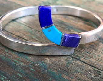 Vintage Lapis Lazuli, Turquoise & Purple Wampum Shell, Spiny Oyster Sterling Silver Hinged Native Taxco Mexican Bangle Bracelet