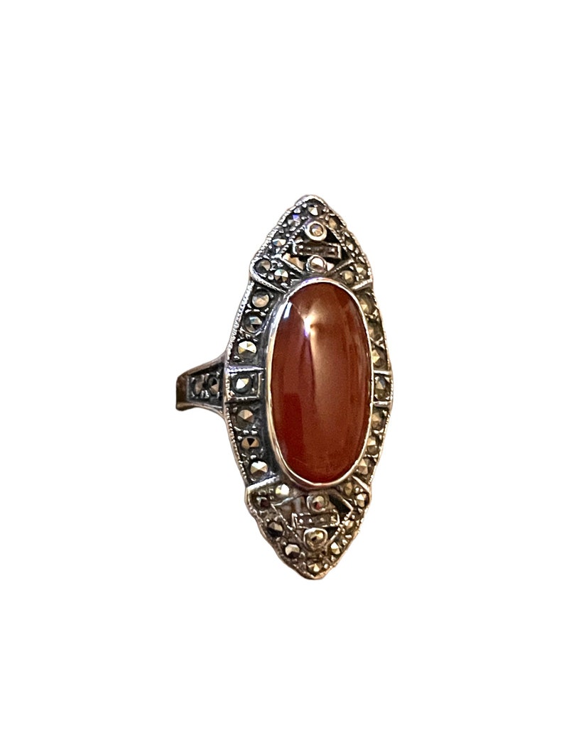 Carnelian & Marcasite Art Deco Sterling Silver and Marcasite Ring image 5