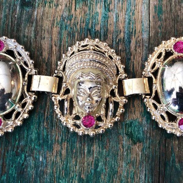 Selro Selini Style Gold Asian Face Pink Crystal Panel Link Bracelet
