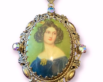 Vintage West German Limoge Portrait Cameo Brass Filigree Necklace with Aurora Borealis Crystal & Pearls