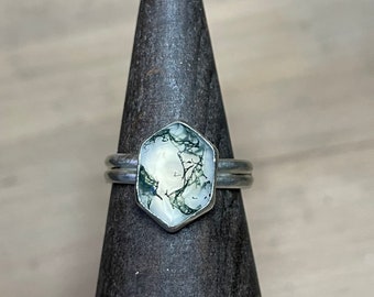 Faceted Moss Agate Gemstone Hexagon Geometric Modernist OOAK Sterling Silver Ring
