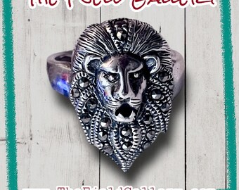 Vintage Sterling Lion Face Ring with Marcasite