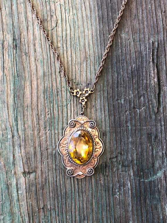 Antique Art Nouveau Gilded Brass & Czech Citrine … - image 5