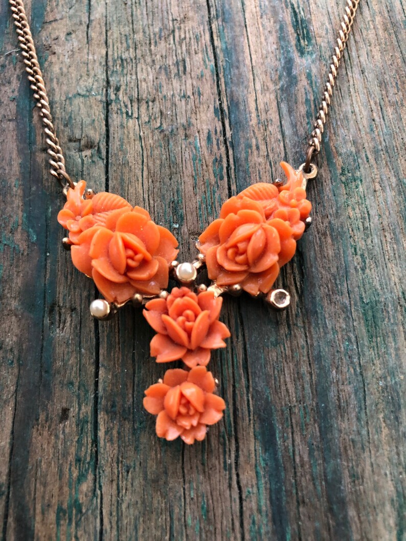 Molded Celluloid Japan Coral Flower Seed Pearl Gold Necklace Etsy