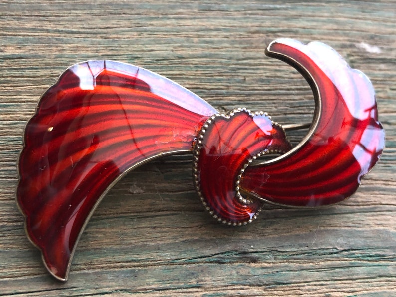 Vintage Sterling Silver Norwegian Red Enamel Modernist Flourish Brooch image 1