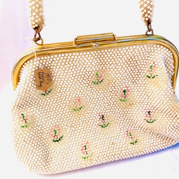 Vintage 1950’s Plastic Lucite Bubble Bead Bag with Pink Flower Design & Gold Frame