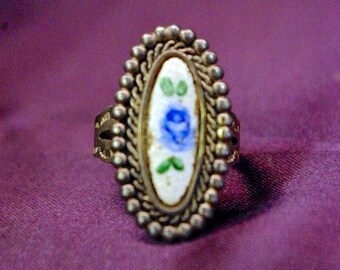 Gorgeous Sterling Cloisonné Enamel Blue Rose Ring