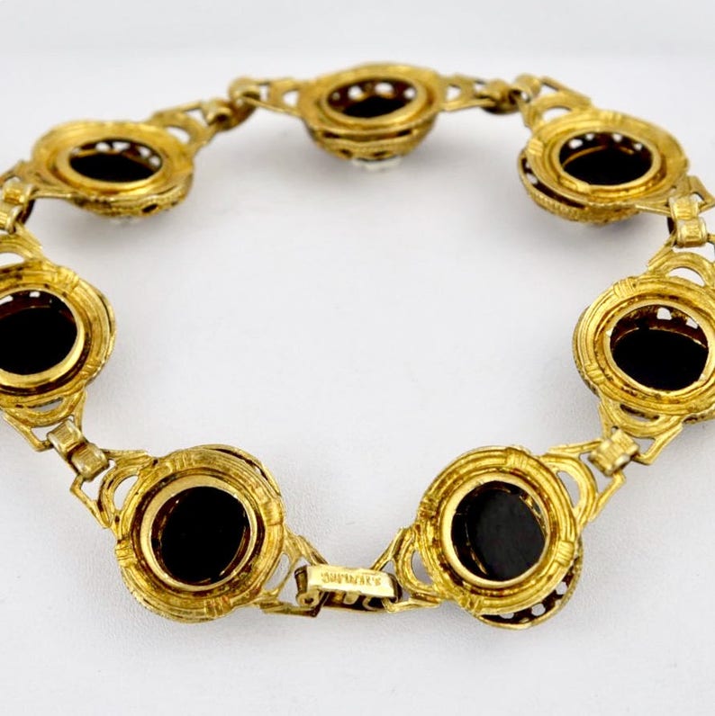 Victorian Vermille Mourning Cameo Black /& White Molded Glass in Sterling Link Bracelet