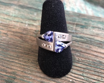 Vintage Purple Blue Triangle Tanzanite & Topaz Gemstone Sterling Ring