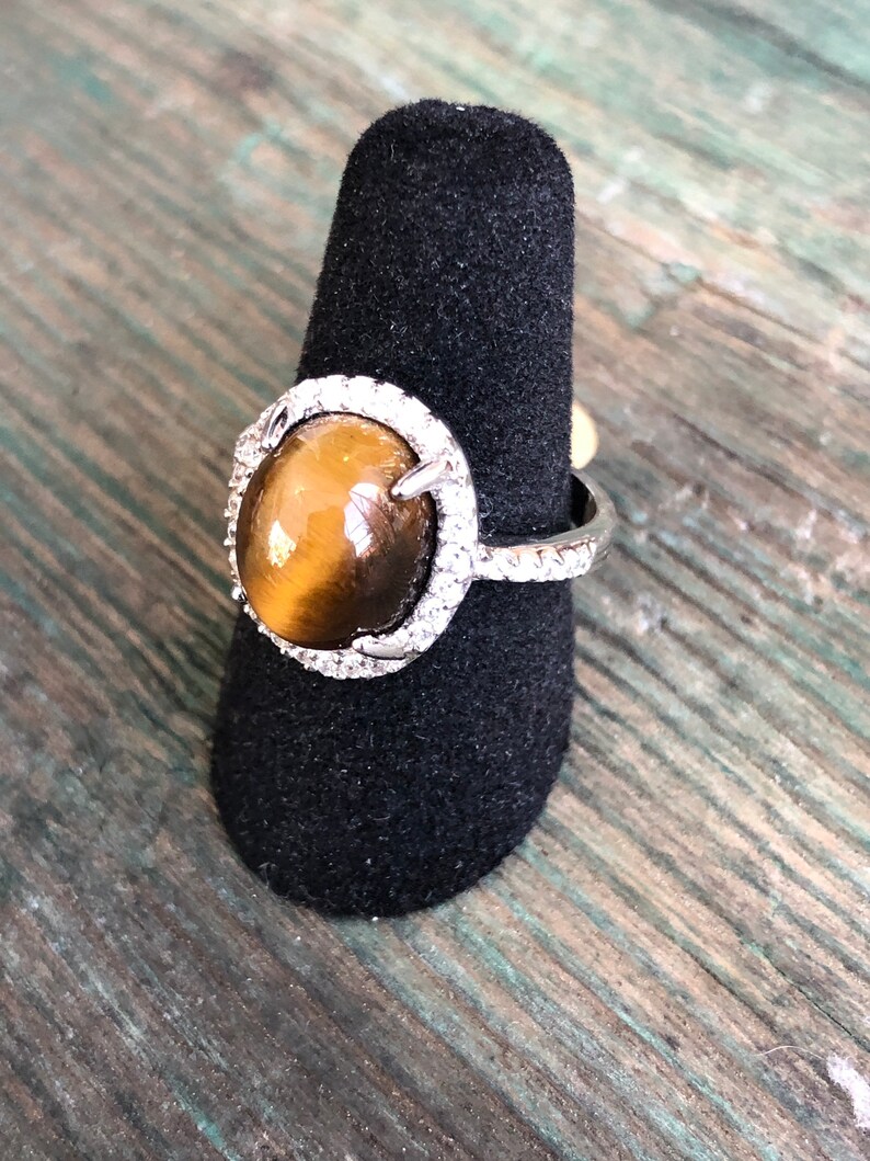 Unique Vintage Tigers Eye Gemstone Surrounded with Prong Set Zircon Sterling Silver Ring