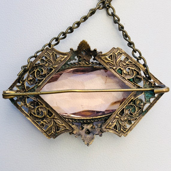 Czechoslovakian Brass Enamel & Pink Faceted Art G… - image 9