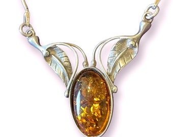Baltic Amber Sterling Silver Leaf Detail Necklace