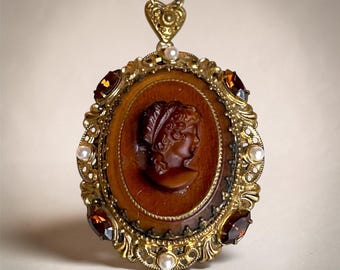 West German Brass Filigree Amber Cameo Crystal & Pearl Necklace