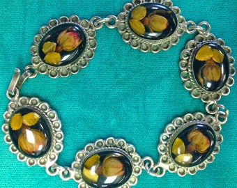 Unique Vintage Mexican Sterling Resin Real Rose Flower Link Southwest Arts & Crafts Bracelet