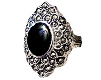 Black Onyx & Marcasite Gothic Mourning Sterling Silver Art Deco Ring