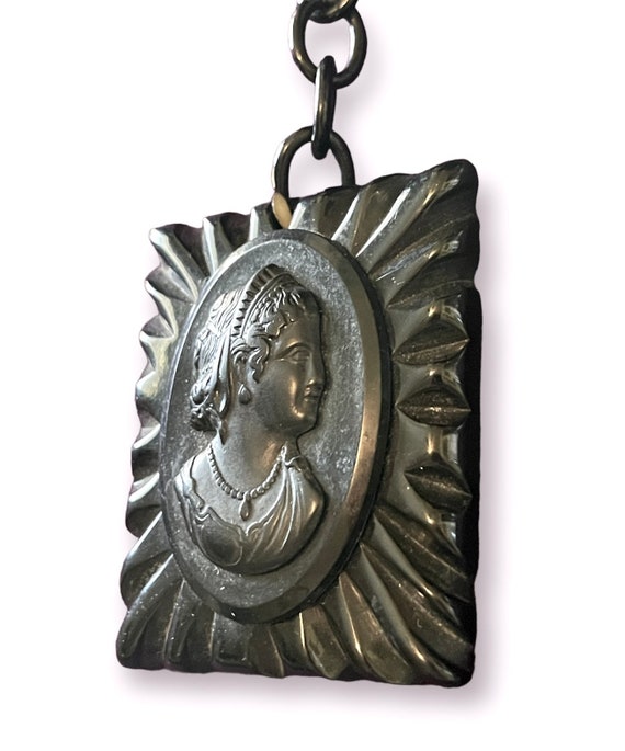 Antique Black Celluloid Mourning Cameo Necklace o… - image 3