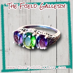 Amethyst & Peridot Sterling Silver Victorian Filigree 3 Stone Ring