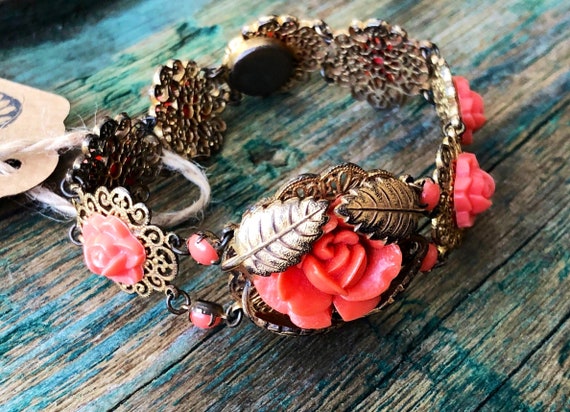 Art Nouveau Brass Leaf & Filigree Molded Pink Cor… - image 1