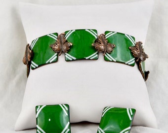 Bracelet Renoir feuille de cuivre et émail géométrique vert et blanc, ensemble de boucles d'oreilles
