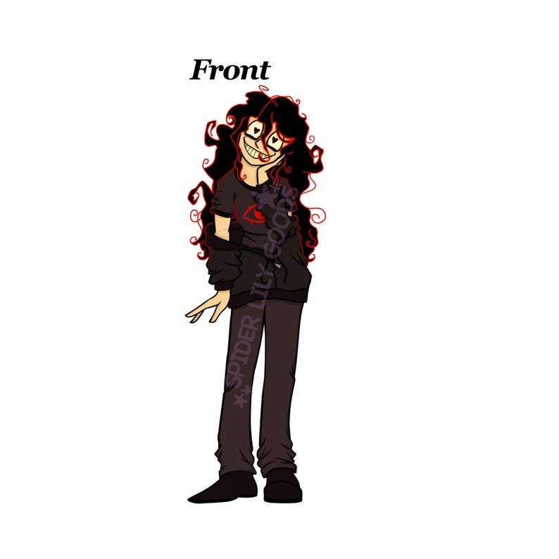 May include: Illustration of a character with long, curly black hair and a wide, unsettling grin. The character wears a black t-shirt with a red symbol, a black jacket, and dark brown pants. The text "Front" is at the top.