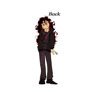 May include: Illustration of a person with long, curly black hair with red highlights, wearing a black hoodie, brown pants, and black shoes. The word "Back" is written in black at the top. The text "SPIDER LILY GOODS" is written vertically on the pants.