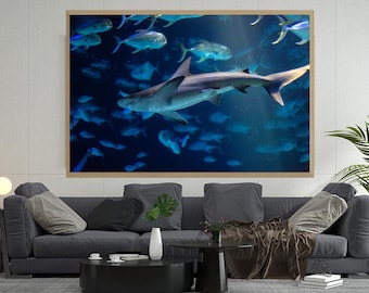 Majestic Shark Underwater Photography Print, Deep Blue Ocean Wildlife Wall Art for Home