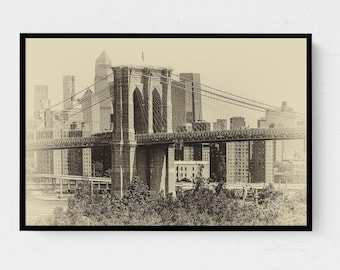 Brooklyn Bridge Vintage Sepia Fotografitryck, New York City Skyline Väggkonst för Hemmet