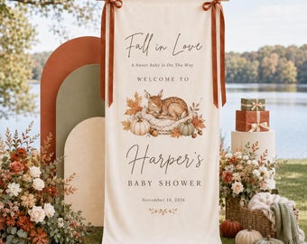 Personalized Fall Baby Shower Banner, Autumn Deer Welcome Sign, Pumpkin Baby Shower Backdrop, Custom Name Party Decor