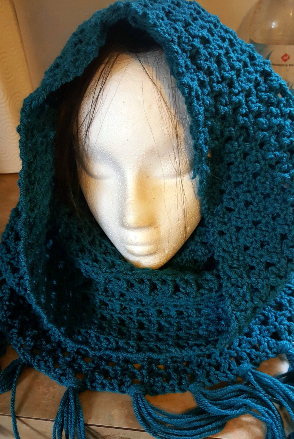 Long Crochet Head Covering Cowl With Fringe Etsy