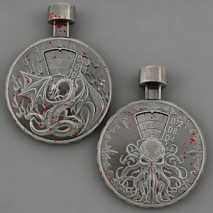 May include: Two silver-coloured, round pendants with a rectangular top. One features a dragon design, the other an octopus-like creature. Both have dice numbers and red splatter details.