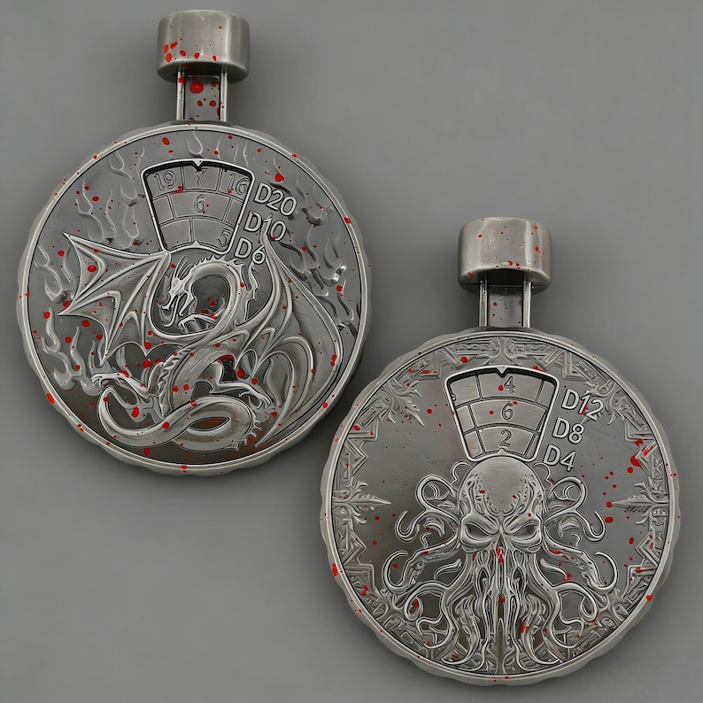 May include: Two silver-coloured, round pendants with a rectangular top. One features a dragon design, the other an octopus-like creature. Both have dice numbers and red splatter details.