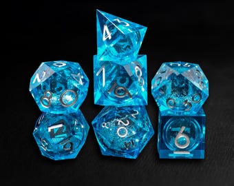 Blue Liquid Core Resin Dice Set, Sharp Edge DND RPG