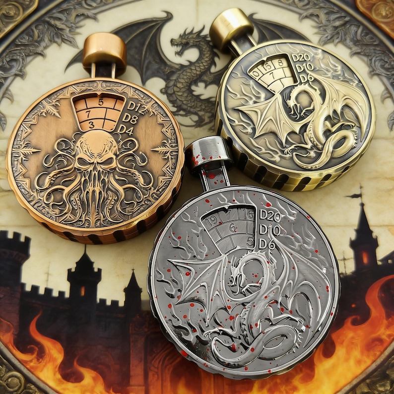 May include: Three metal dice rollers with detailed designs. One depicts Cthulhu, another a dragon, and the third a dragon with blood splatter. Each has a numbered display for D&D dice rolls. The rollers are bronze, silver, and gold.