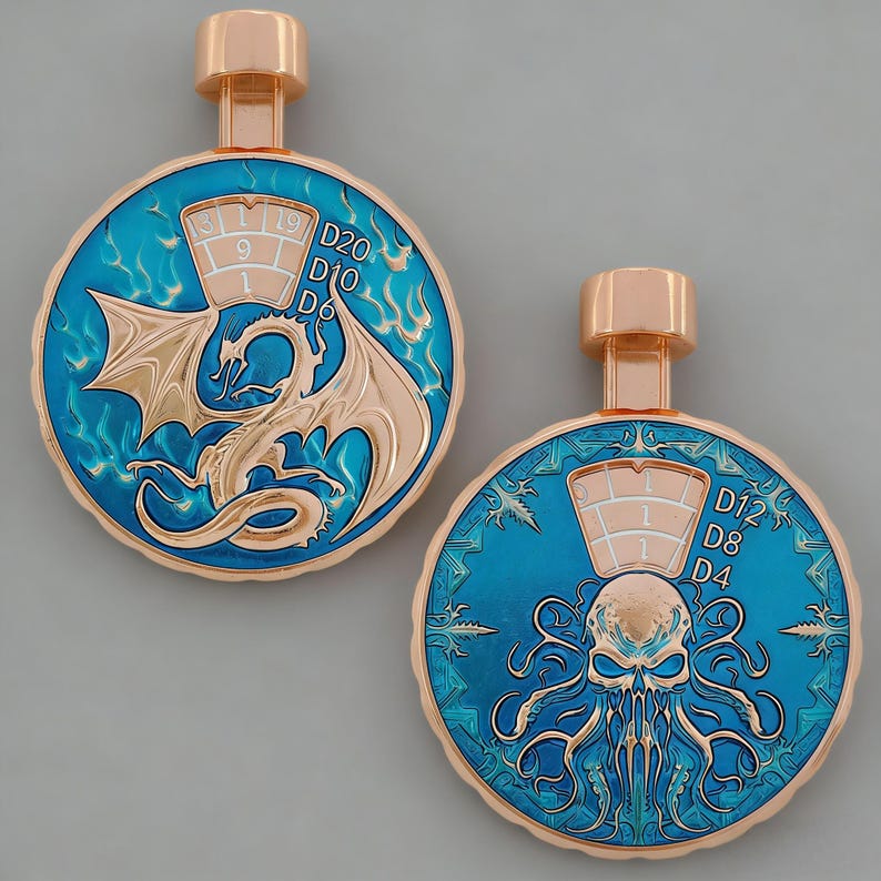 May include: Two rose gold pendants with a blue enamel background. One features a dragon design, the other a skull with tentacles. Both have dice numbers and a rose gold top.
