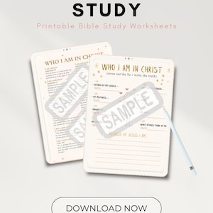 May include: Digital Bible study worksheets with the text "WHO I AM IN CHRIST" and "DOWNLOAD NOW". The worksheets are on a tablet-like device with a stylus. The top of the image has the text "Fearless Faith".