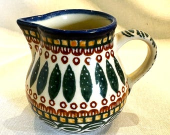 Vintage Handmade Polish Pottery Creamer Pitcher – Bolesławiec Style Stoneware, Green Blue Rustic Folk Pattern