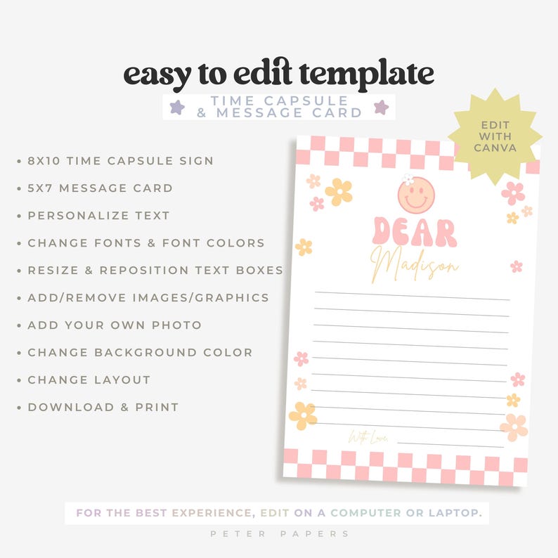 Editable One Happy Girl Time Capsule Sign, Message Card, Retro Smiley ...
